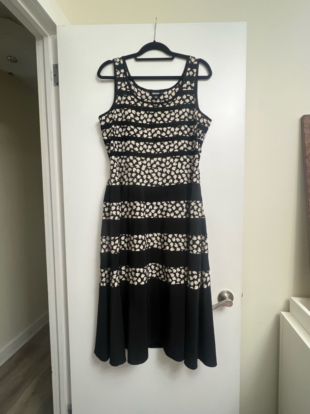 DKNY Black and Cream Striped Printed Midi Dress